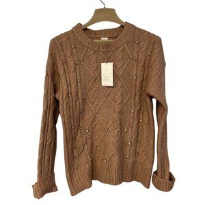 NWT A New Day Womens Cable Knit Sweater W/ Rhinestones Light Brown Small